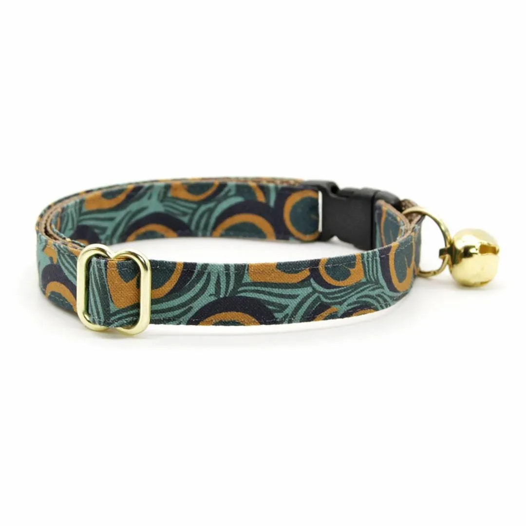 Cat Collar and Bunny Ear Bow Set - "Peacock" - Art Nouveau Teal Peacock Cat Collar w/ Matching Bunny Bow Tie / Cat, Kitten   Small Dog Sizes