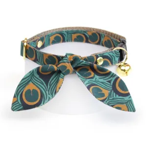 Cat Collar and Bunny Ear Bow Set - "Peacock" - Art Nouveau Teal Peacock Cat Collar w/ Matching Bunny Bow Tie / Cat, Kitten   Small Dog Sizes