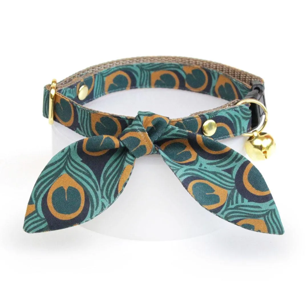 Cat Collar and Bunny Ear Bow Set - "Peacock" - Art Nouveau Teal Peacock Cat Collar w/ Matching Bunny Bow Tie / Cat, Kitten   Small Dog Sizes