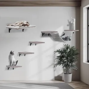 Cat Wall Shelves, Solid Wood Cat Wall Furniture Set, with Cats Bed, Hammock, Felt Ladder, Sisal Scratching Post & Ball (Grey)