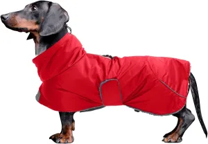 Dachshund Coats Waterproof, Perfect for Dachshunds, Sausage, Weiner Dog Winter Coat with Padded Fleece, Puppy Snowsuit with Adjustable Bands and High Vis Reflective Trim - Red - M