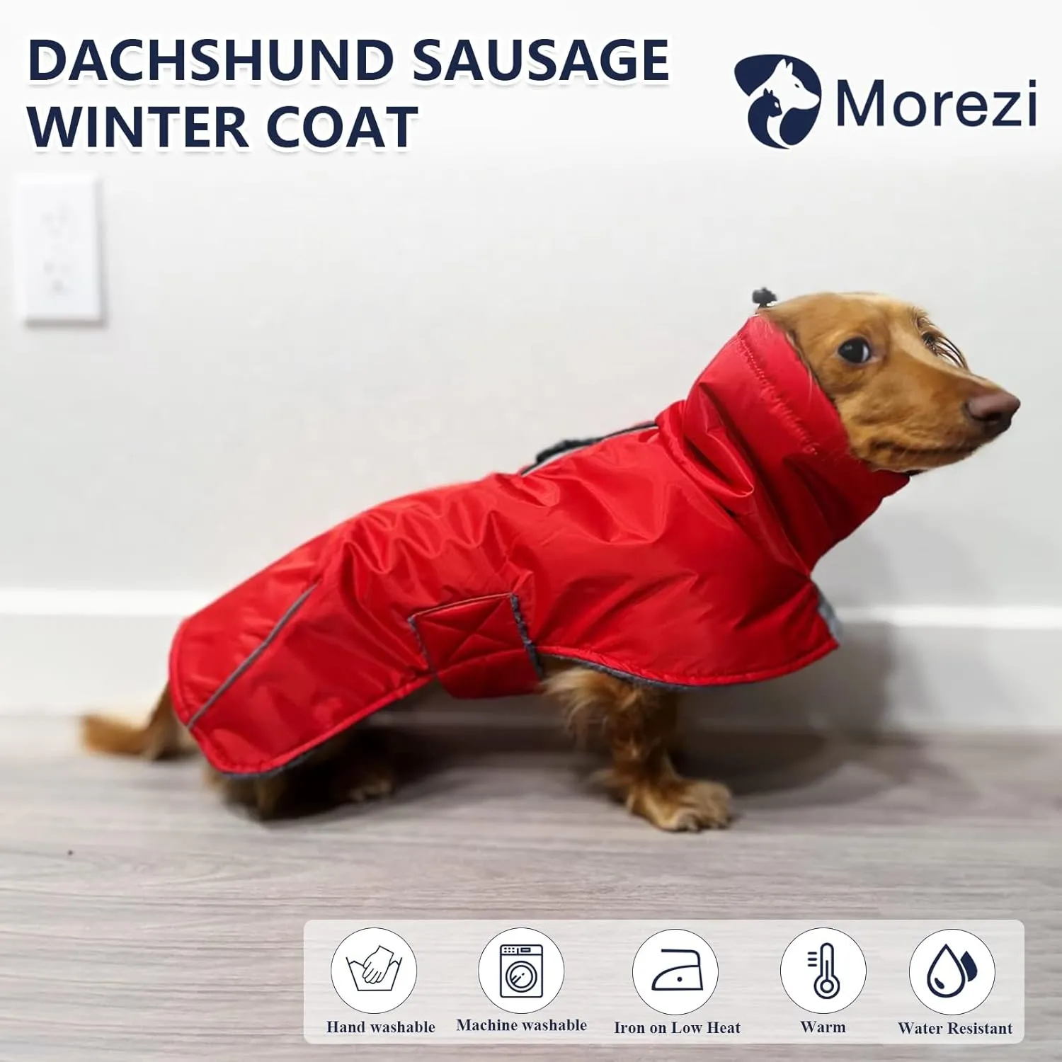 Dachshund Coats Waterproof, Perfect for Dachshunds, Sausage, Weiner Dog Winter Coat with Padded Fleece, Puppy Snowsuit with Adjustable Bands and High Vis Reflective Trim - Red - M