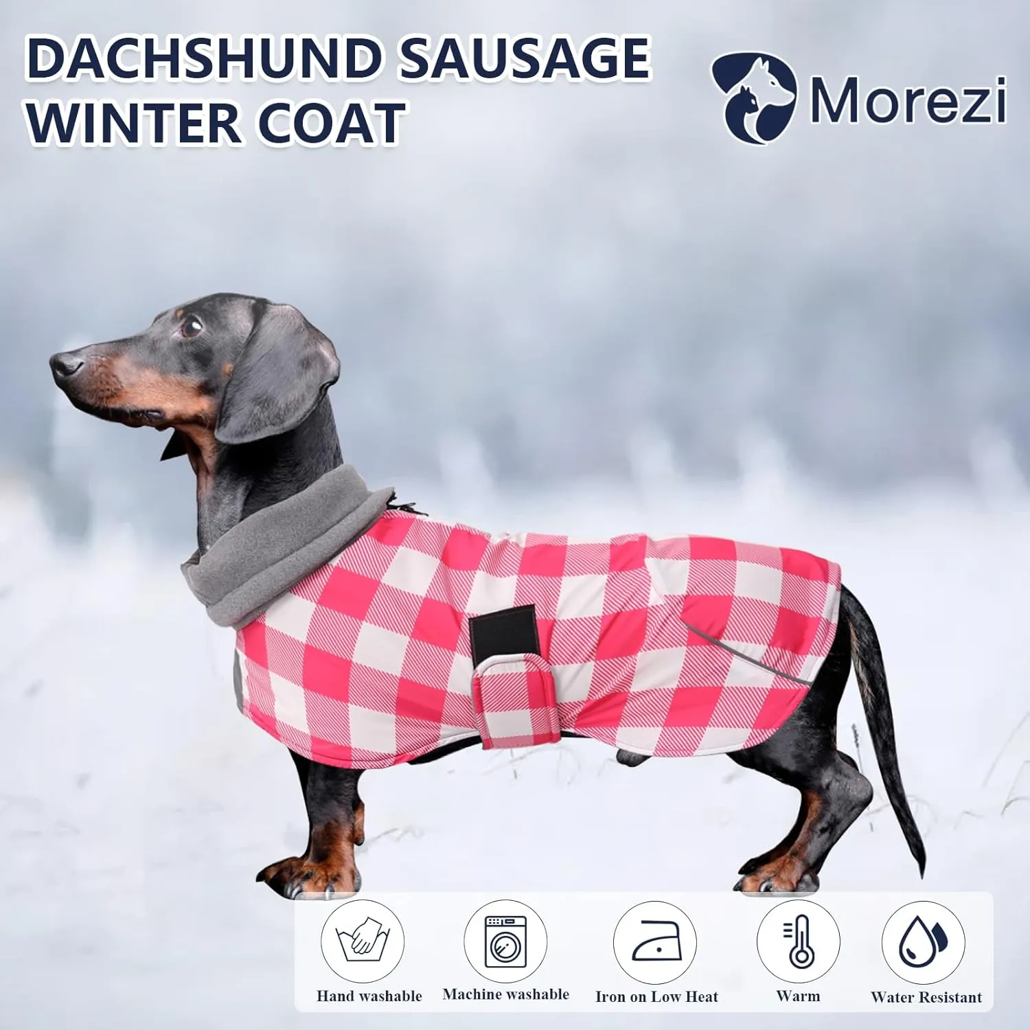 Dachshund Coats Waterproof Suitable for Dachshunds Sausage Weiner Dog Winter Coat Padded Fleece Puppy Snowsuit with Adjustable Bands Reflective Stripe - Plaid Pink - M