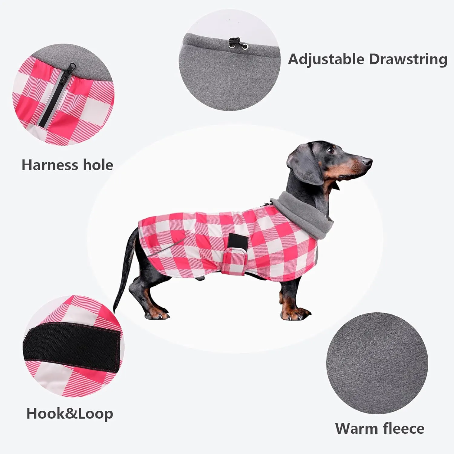 Dachshund Coats Waterproof Suitable for Dachshunds Sausage Weiner Dog Winter Coat Padded Fleece Puppy Snowsuit with Adjustable Bands Reflective Stripe - Plaid Pink - M