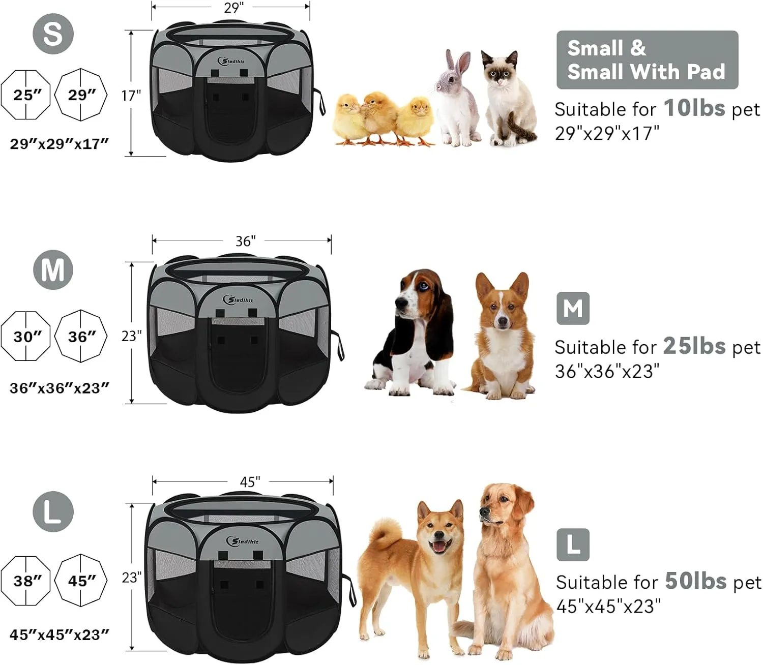 Dark Grey Puppy Playpen for Middle Dog Cat, Dog Tent Crates Cage Indoor/Outdoor, Portable Pop Up Dog Kennel with Carrying Bag for Rabbits, Removable Top (Dark Grey, Medium (36" x 36" x 23"))