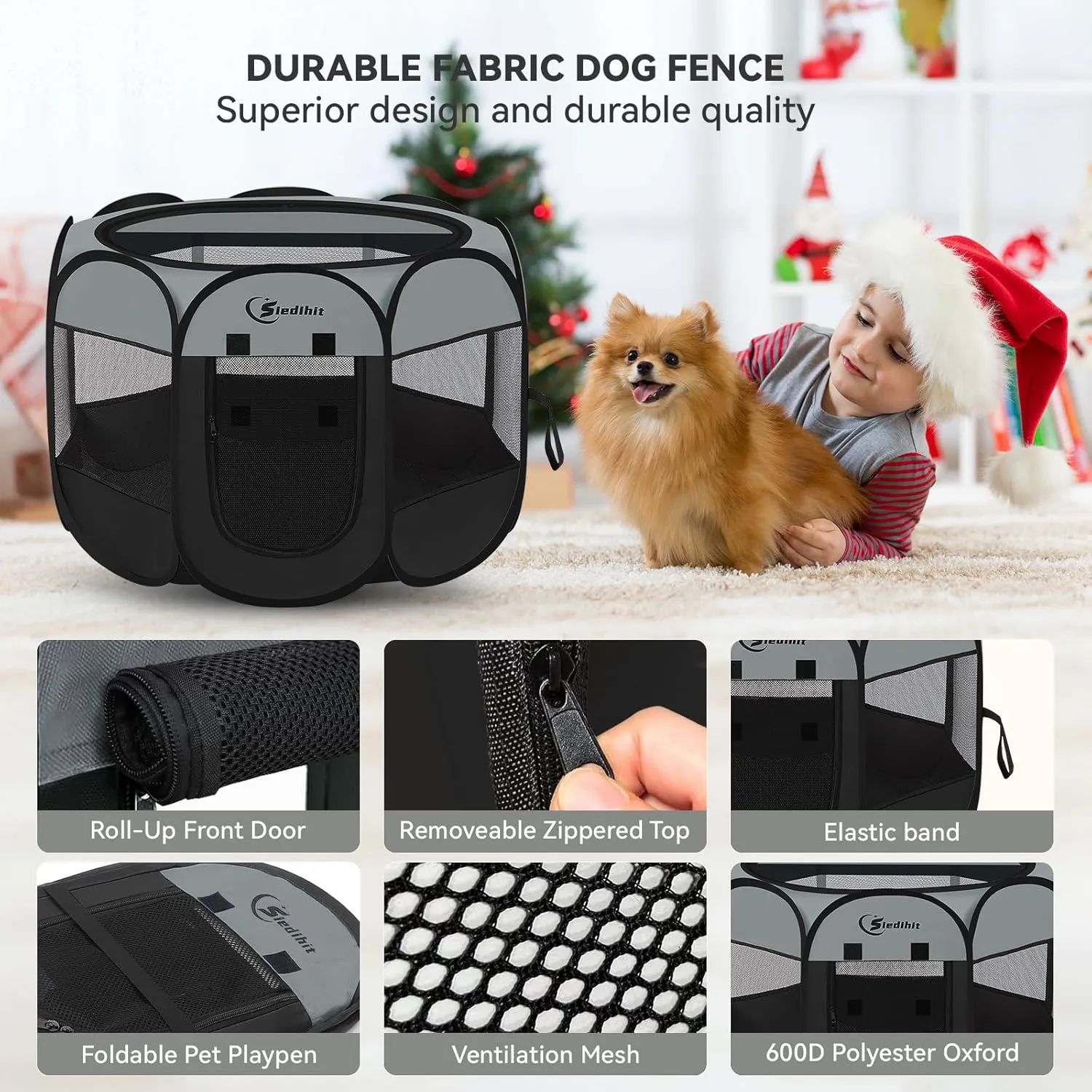 Dark Grey Puppy Playpen for Middle Dog Cat, Dog Tent Crates Cage Indoor/Outdoor, Portable Pop Up Dog Kennel with Carrying Bag for Rabbits, Removable Top (Dark Grey, Medium (36" x 36" x 23"))