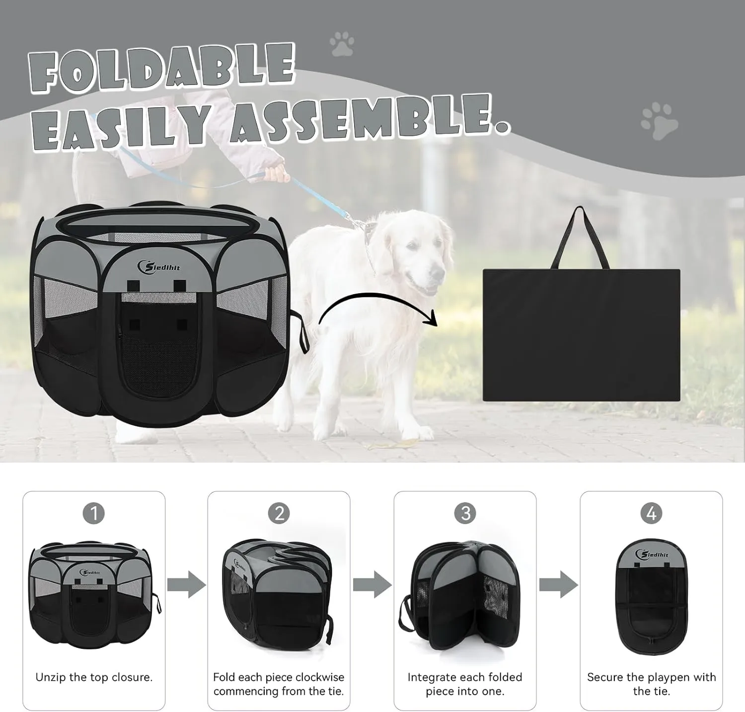 Dark Grey Puppy Playpen for Middle Dog Cat, Dog Tent Crates Cage Indoor/Outdoor, Portable Pop Up Dog Kennel with Carrying Bag for Rabbits, Removable Top (Dark Grey, Medium (36" x 36" x 23"))