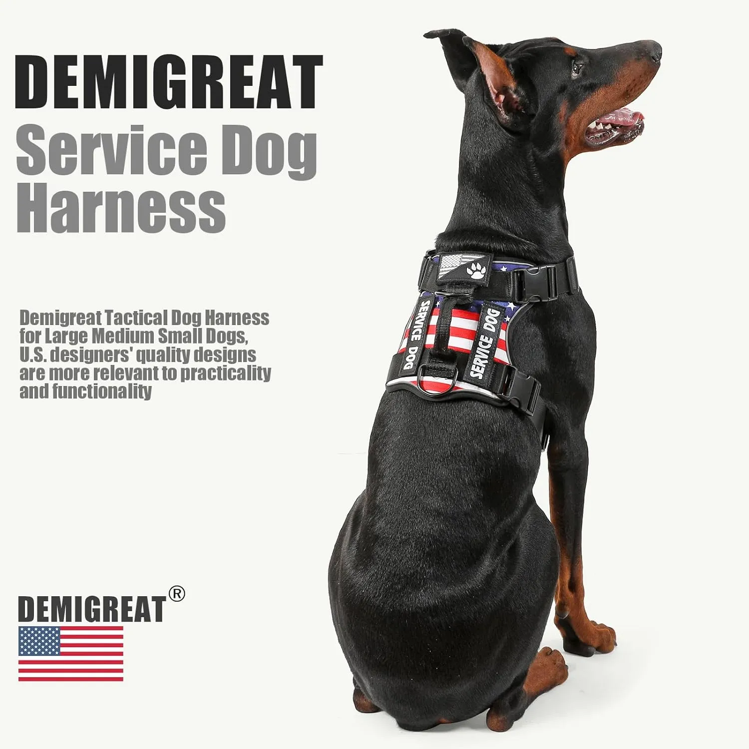 Demigreat Service Dog Harness, Reflective Dog Vest Harness with 5 PCS Patches, Adjustable Soft Oxford Pet Harness, Inner Layer Mesh, Easy to Control for Dogs (USFLAG, Large (Pack of 1))