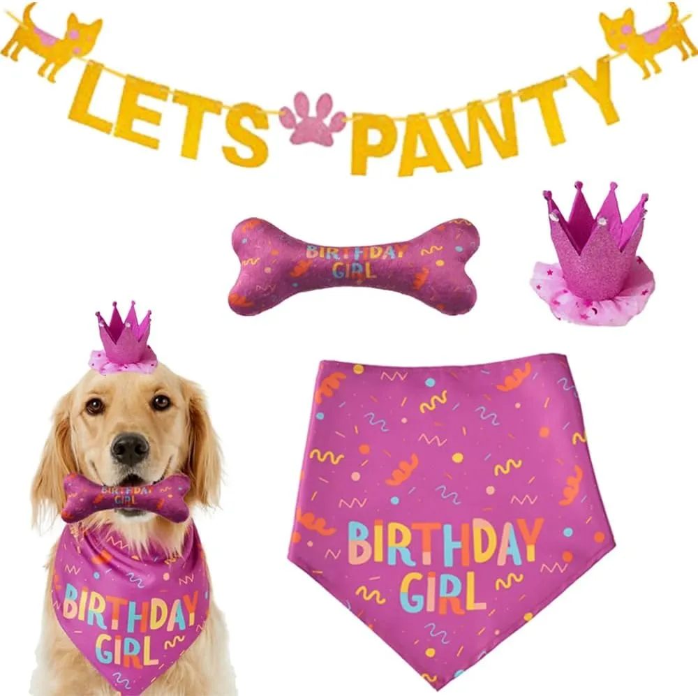 Dog Birthday Bandana - Large Dog Party Hat - Happy Birthday Bone Toy Set - Pink
