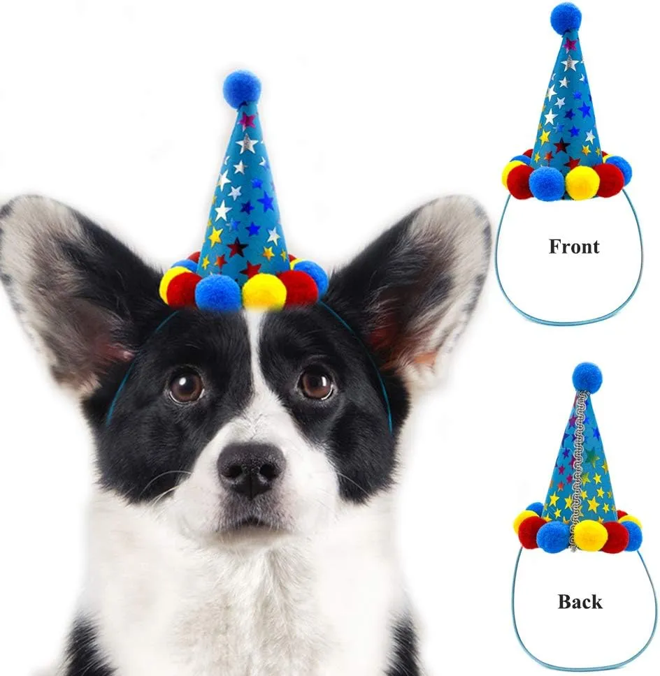 Dog Birthday Boy Bandana Hat Toy Set - Pet Party Supplies, Triangle Bibs With Cute Bone Scarf Accessories and Decoration for Large Doggy - Blue