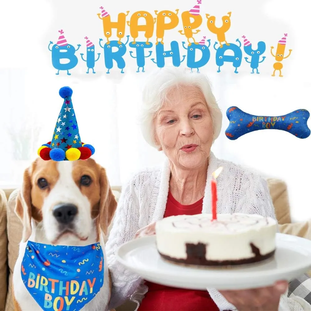 Dog Birthday Boy Bandana Hat Toy Set - Pet Party Supplies, Triangle Bibs With Cute Bone Scarf Accessories and Decoration for Large Doggy - Blue