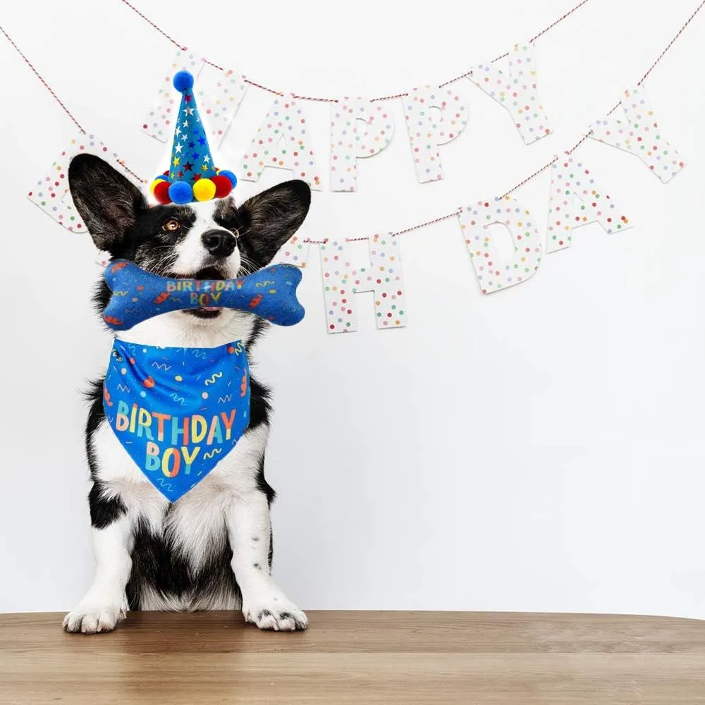 Dog Birthday Boy Bandana Hat Toy Set - Pet Party Supplies, Triangle Bibs With Cute Bone Scarf Accessories and Decoration for Large Doggy - Blue