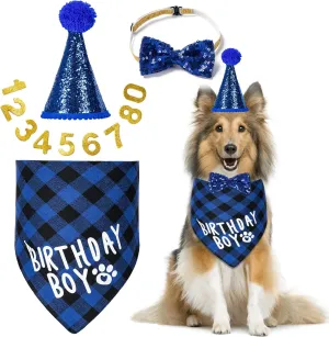 Dog Birthday Party Supplies, Dog Birthday Decorations with Bandanas/Hat/Bow Tie/Collar with 0-8 Numbers, for Large X-Large Cat Dogs Pets (X-Large, Blue)