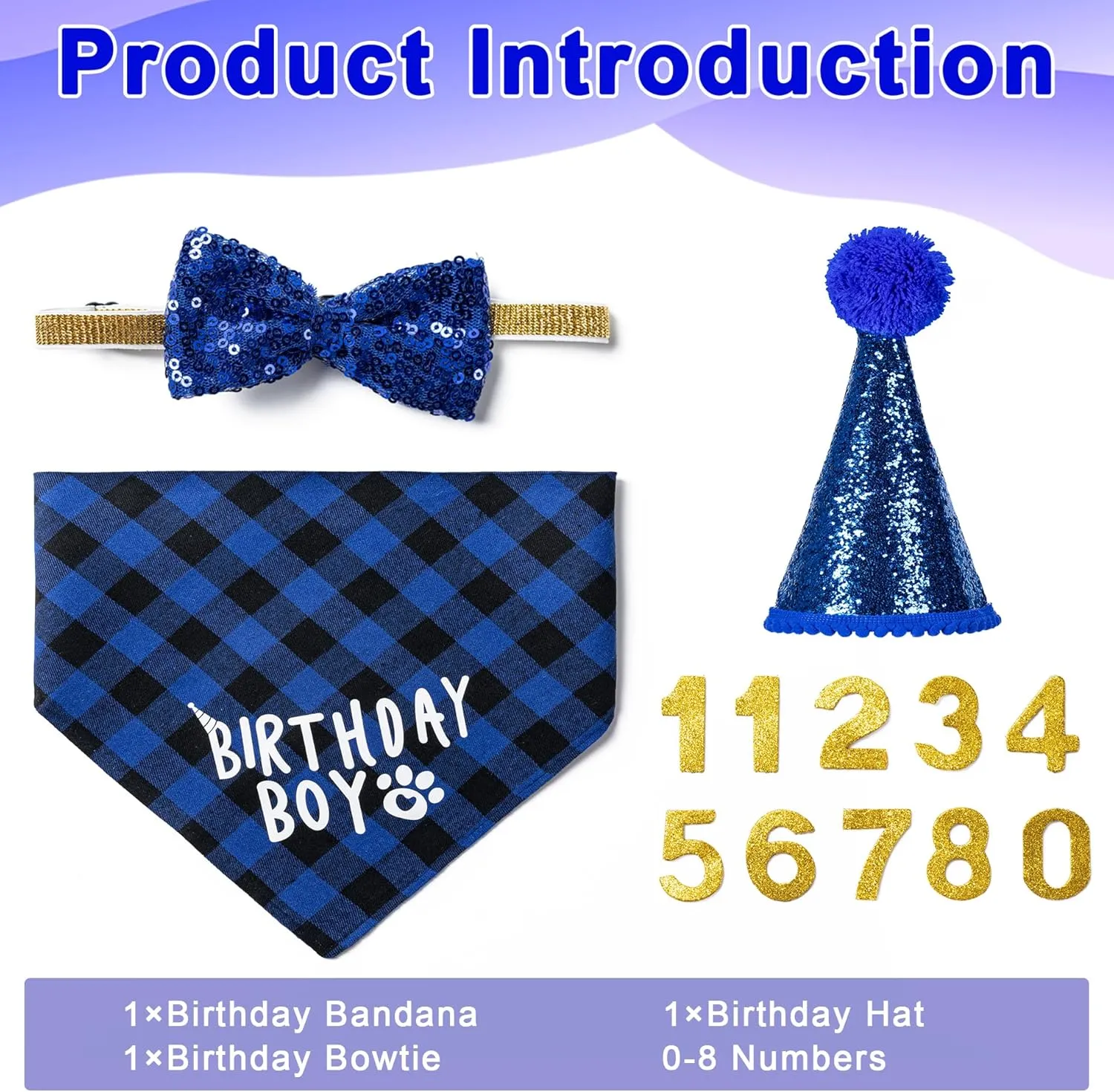 Dog Birthday Party Supplies, Dog Birthday Decorations with Bandanas/Hat/Bow Tie/Collar with 0-8 Numbers, for Large X-Large Cat Dogs Pets (X-Large, Blue)