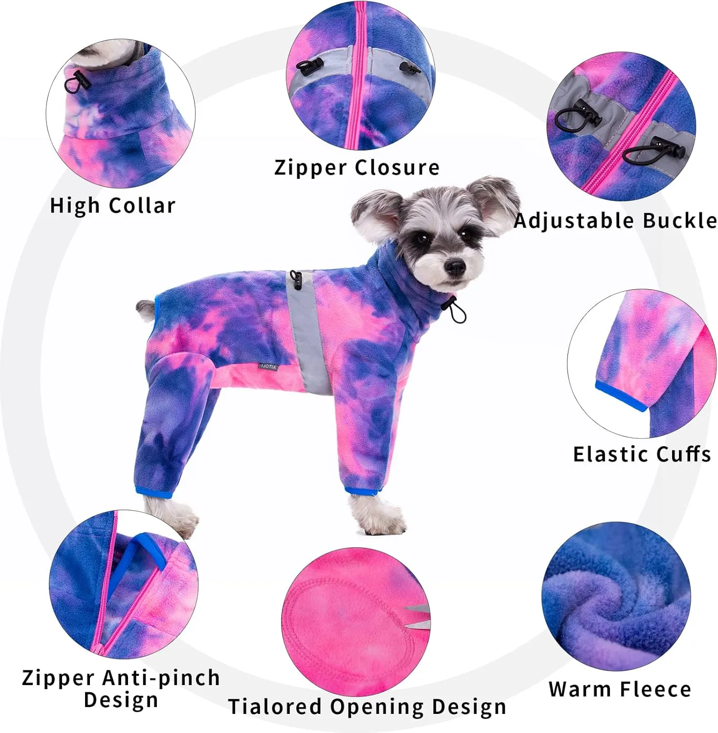 Dog Coat, Tie Dye Fleece Jumpsuit for Small Dogs, Winter Jacket, Reflective Stripes, Comfortable, Lightweight