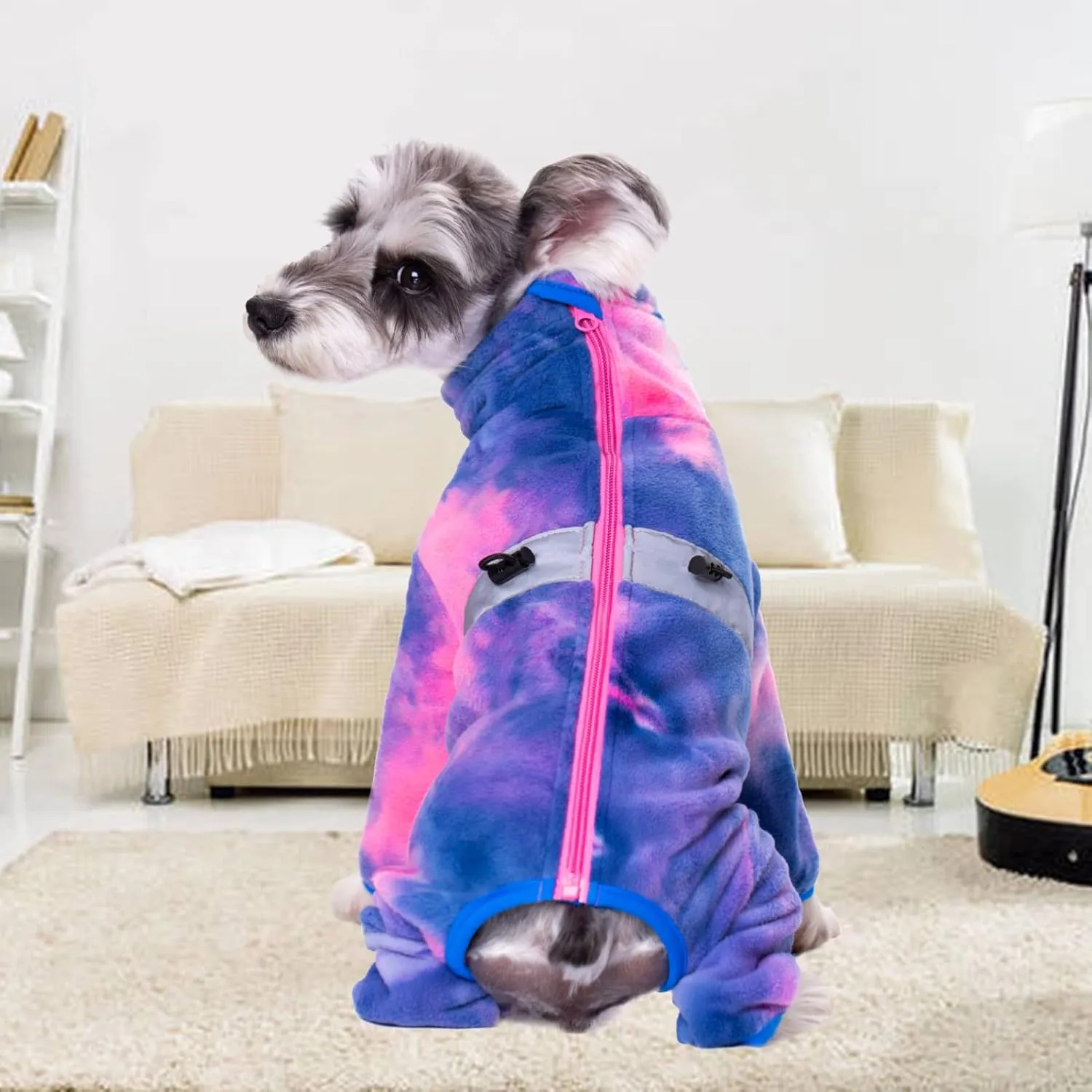 Dog Coat, Tie Dye Fleece Jumpsuit for Small Dogs, Winter Jacket, Reflective Stripes, Comfortable, Lightweight