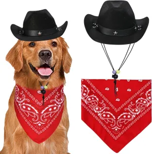 Dog Halloween Costumes, Dog Cowboy Costume Halloween Pet Cowboy Hat Bandana Scarf for Small Medium Large Dogs Pets (Black Hat & Red Bandana, Large)
