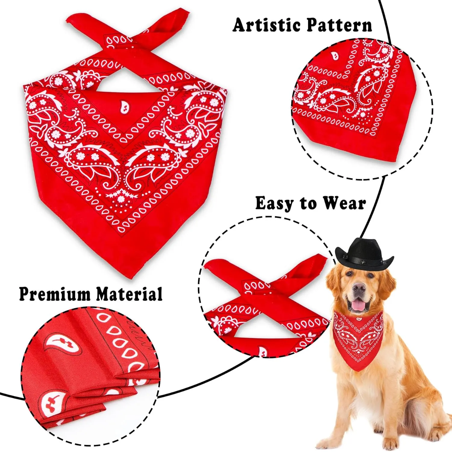 Dog Halloween Costumes, Dog Cowboy Costume Halloween Pet Cowboy Hat Bandana Scarf for Small Medium Large Dogs Pets (Black Hat & Red Bandana, Large)