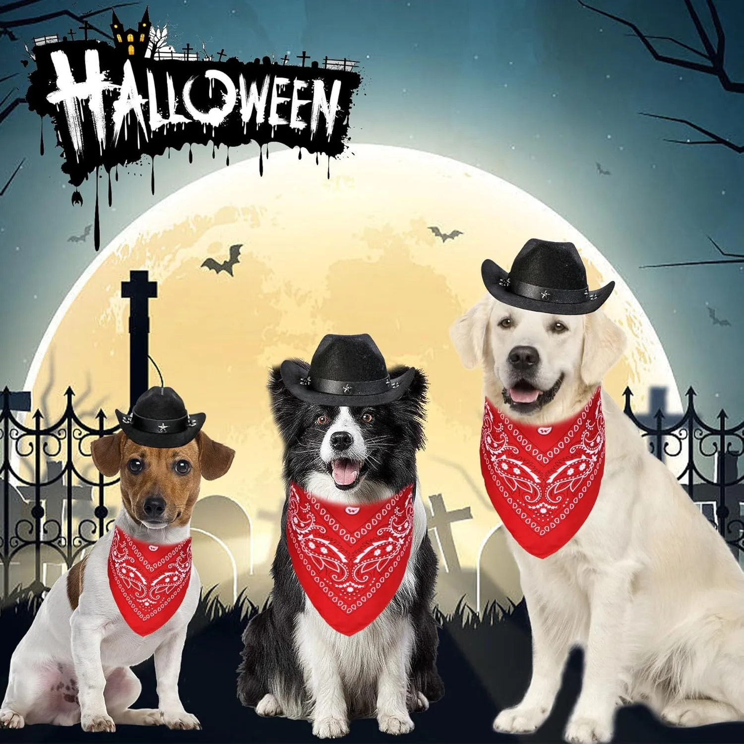 Dog Halloween Costumes, Dog Cowboy Costume Halloween Pet Cowboy Hat Bandana Scarf for Small Medium Large Dogs Pets (Black Hat & Red Bandana, Large)