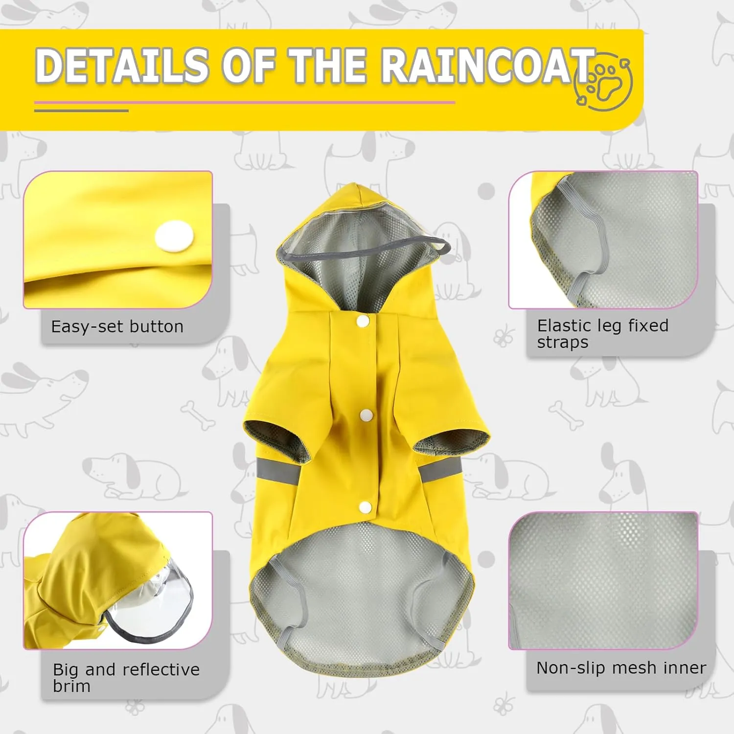 Dog Raincoat, Dog Rain,Water and Snow Proof Jacket with Hood, Leash Hole and Reflective Strap, Lightweight Puppy Clothes, Stylish Streetwear Outfit for Small Medium Dogs (Yellow, M)