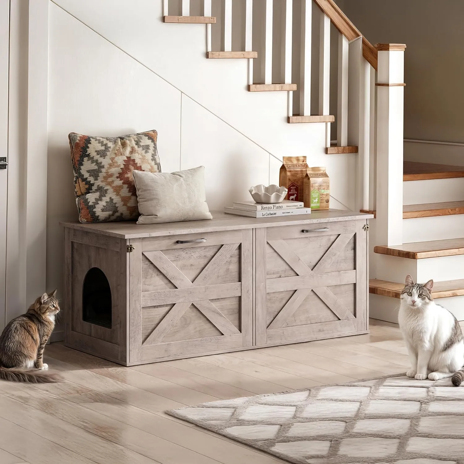 Double Cat Litter Box Enclosure, Hidden Litter Box Cabinet Furniture, Modern Litter Box Storage, Enclosed Cat Litter Box Furniture, Easy to Clean Griege PG06MWZ