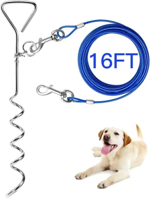 EvilplanDog Tie Out Cable and Stake, 16ft Outside Dog Leash&Chain for Camping and Yard, 16'' Heavy Duty Anti Rust Spiral Stake for Medium-Large Dogs Up to 125 lbs