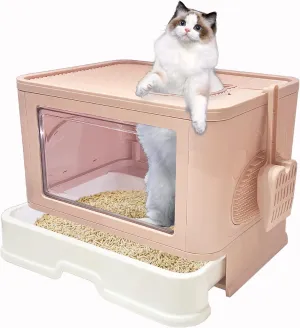 Foldable Enclosed Top Entry Cat Toilet - Extra Large Covered Cat Litter Box with Litter Brush and Scoop