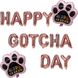 Happy Gotcha Day Decoration, Rose Gold Happy Gotcha Day with Pink Dog Paw Foil Balloons for Dog Cat Gotcha Party, Happy Adoption Day Cat Dog Rescue Adoption Party Supplies 16inches