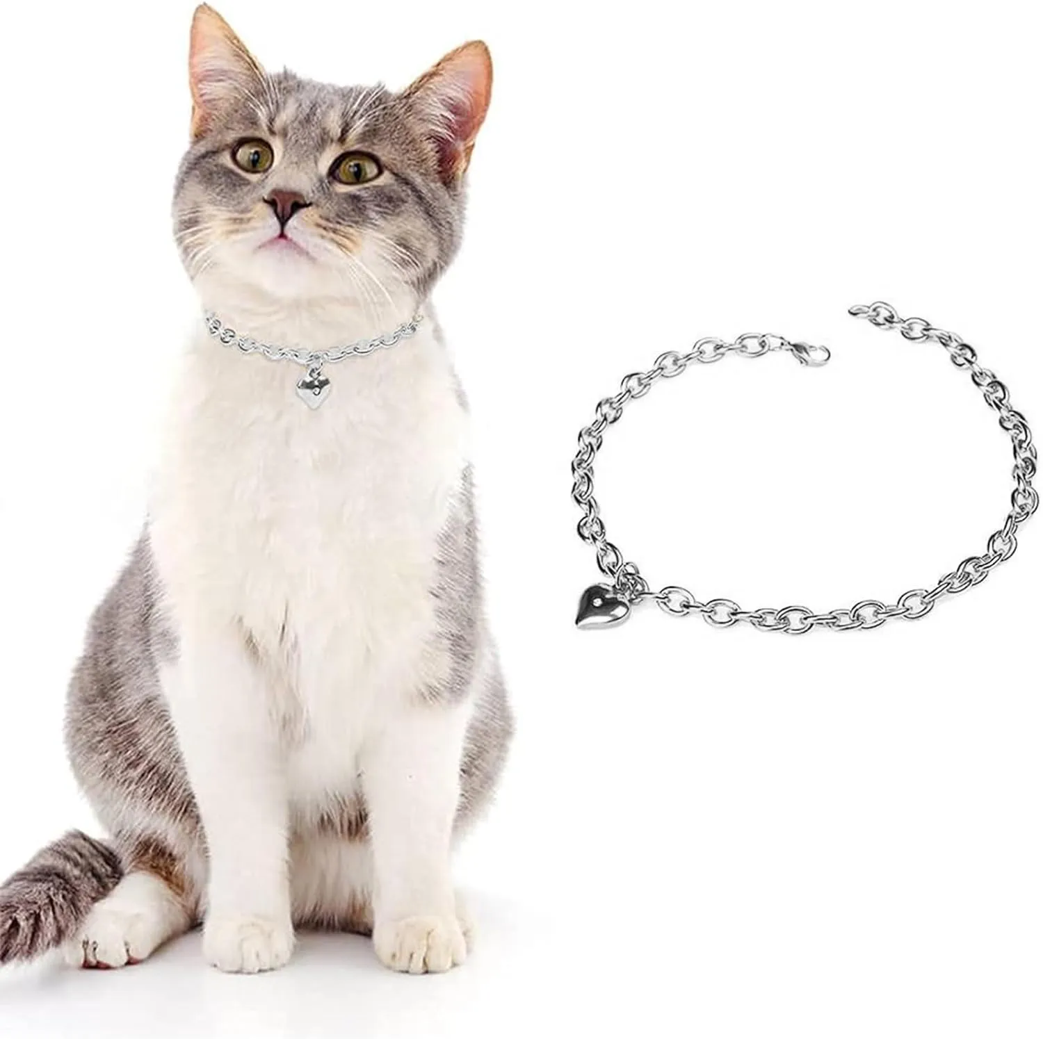 HOWWFALY Dog Collar and Cat Chain Necklace Stainless Steel Adjustable 18K Sliver Heart-Shaped Necklace for Small Pets Cats Kitten Puppy (Sliver, 7 inch)