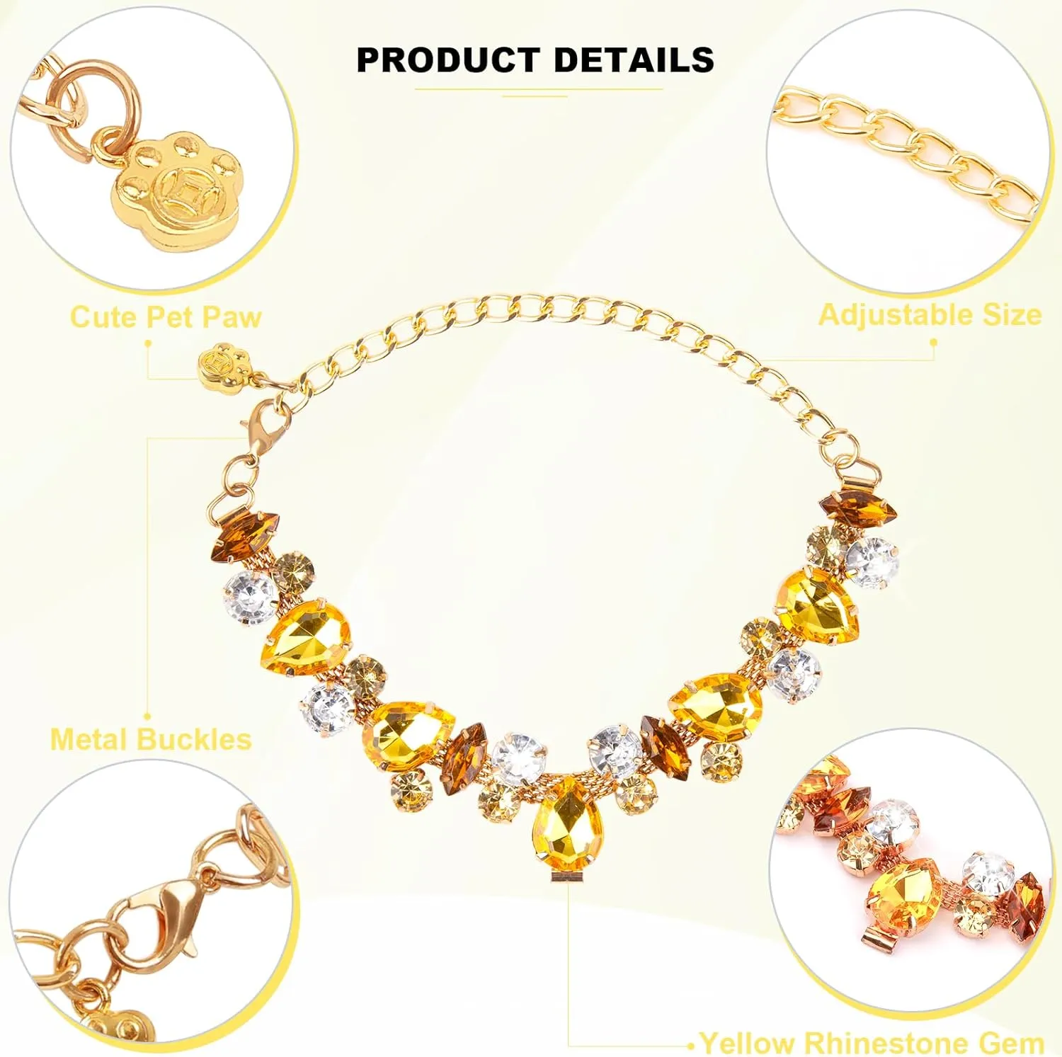 HOWWFALY Dog Collar and Cat Gold Chain Necklace Stainless Steel Adjustable Yellow Diamonds Collar with Cute Pet Paw for Small Medium Pets Cats Dogs Kitten Puppy