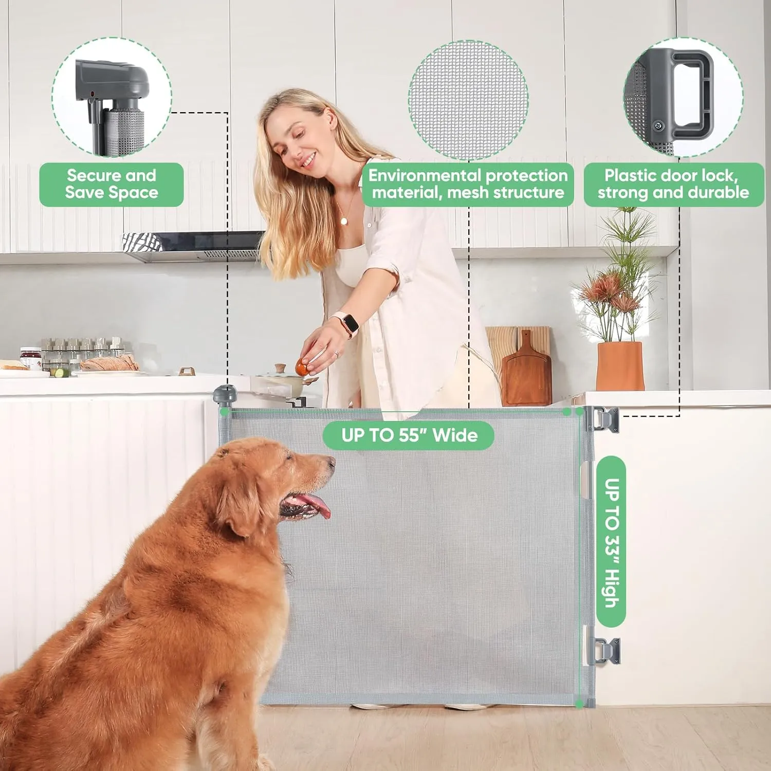 Likzest Retractable Baby Gate, Mesh and Pet Gate 33/'' Tall, Extends up to 55/'' Wide, Child Safety Gates for Stairs Doorways Hallways, Dog Cat Indoor Outdoor (Gray), 6*18, SH20.006DC
