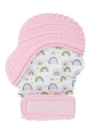 Malarkey Kids Patented Teething Mitten, Munch Mitt Baby Chew Toy - Protects Hands from Chewing & Saliva, Heals Aching Gums, Promotes Sound & Visual Stimulation for Babies - Pink Rainbow