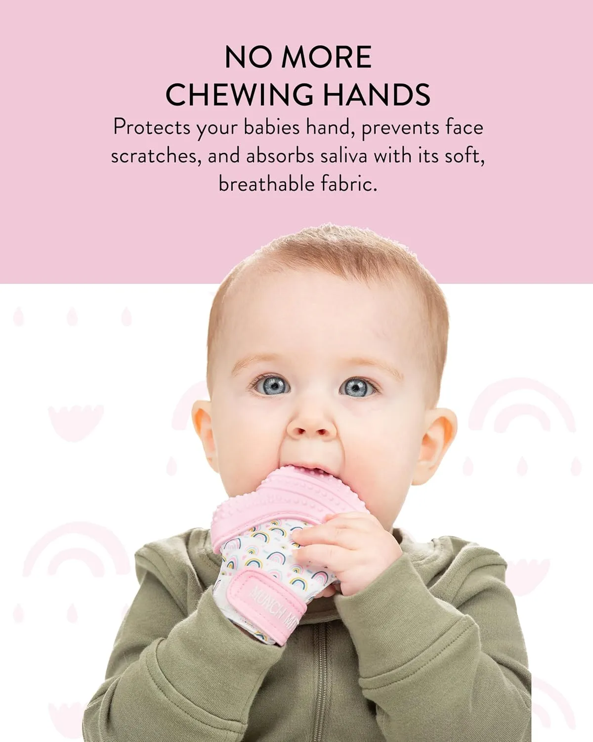 Malarkey Kids Patented Teething Mitten, Munch Mitt Baby Chew Toy - Protects Hands from Chewing & Saliva, Heals Aching Gums, Promotes Sound & Visual Stimulation for Babies - Pink Rainbow