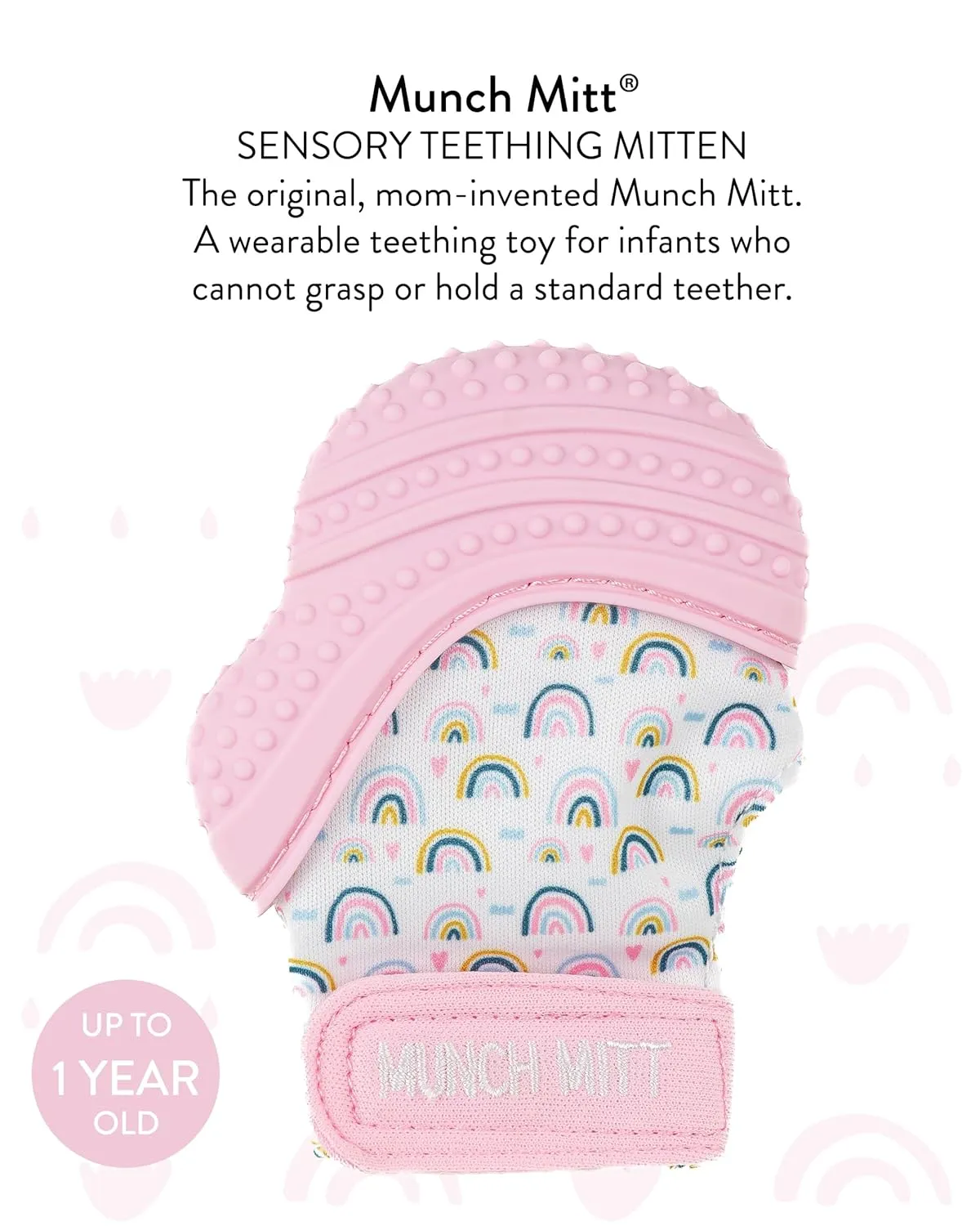 Malarkey Kids Patented Teething Mitten, Munch Mitt Baby Chew Toy - Protects Hands from Chewing & Saliva, Heals Aching Gums, Promotes Sound & Visual Stimulation for Babies - Pink Rainbow