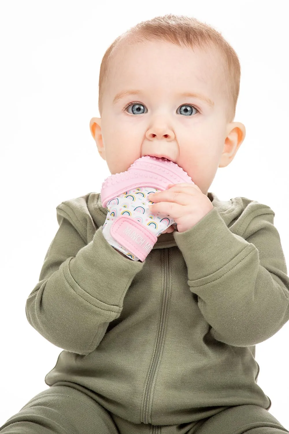 Malarkey Kids Patented Teething Mitten, Munch Mitt Baby Chew Toy - Protects Hands from Chewing & Saliva, Heals Aching Gums, Promotes Sound & Visual Stimulation for Babies - Pink Rainbow