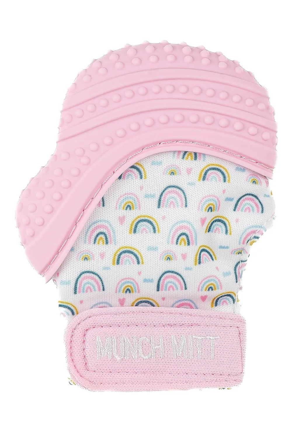 Malarkey Kids Patented Teething Mitten, Munch Mitt Baby Chew Toy - Protects Hands from Chewing & Saliva, Heals Aching Gums, Promotes Sound & Visual Stimulation for Babies - Pink Rainbow