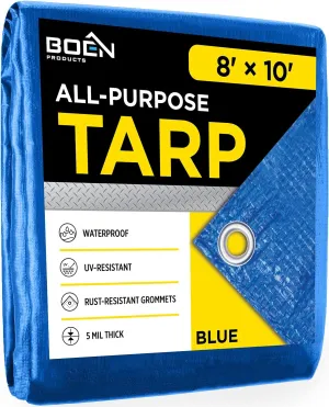 Multi-Purpose Large Tarp Waterproof Cover | Blue, 8' x 10' 5 Mil Thick | Rip Proof Tarps | Thick Weave Material, UV Resistant Great for Tarpaulin Canopy Tent, Boat, RV or Pool Cover