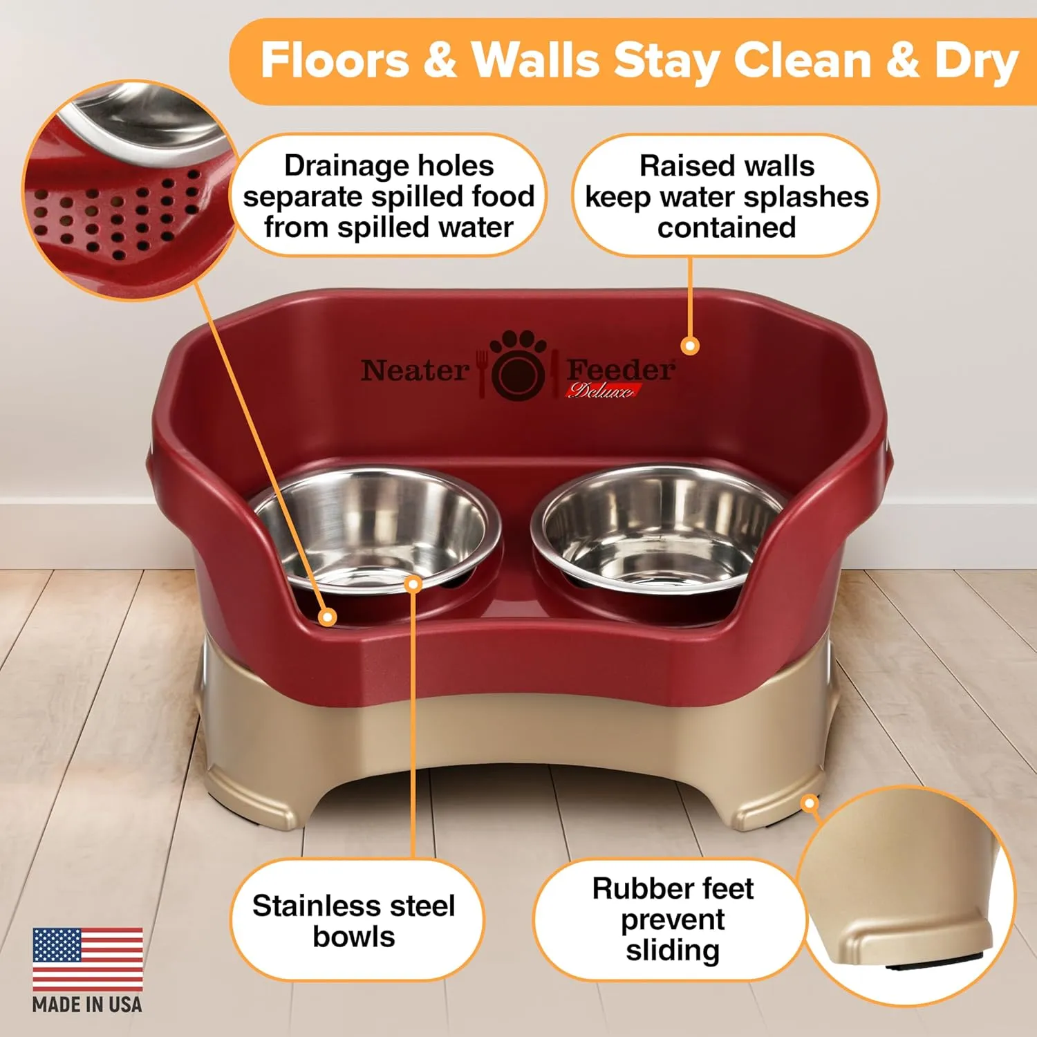 Neater Feeder Deluxe Mess Proof Dog Bowls Elevated Medium Sized Dog Breed  Made in USA  No Spill Raised Dog Food Bowl Stand  Stainless Steel Food and Water Bowl Set, Pet Feeding Station, Cranberry