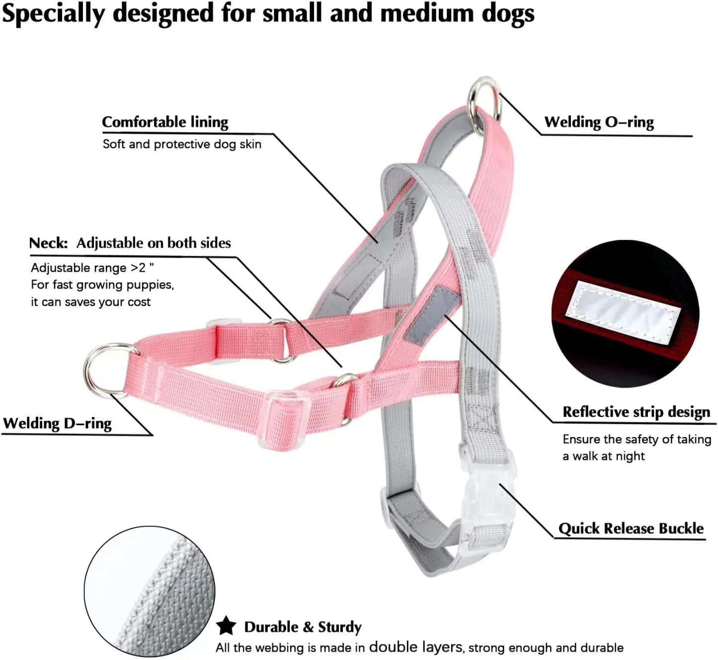No Pull Dog Harness, Easy Walk Dog Harness,Freedom No Pull Dog Harness for Small Medium Dogs, Neck&Chest Adjustable, Soft Padded & Reflective Strip Escape Proof Dog Harness(Pink,S)