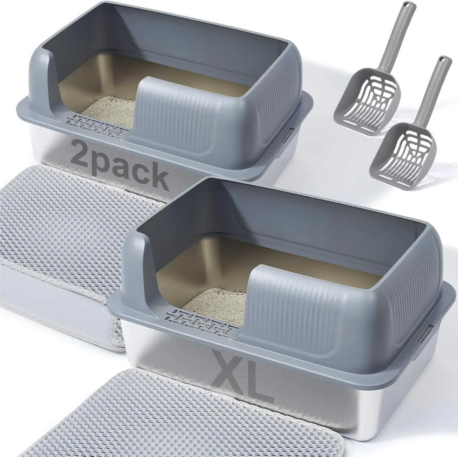 Nyutu Stainless Steel Litter Box 2 Pack, 23.6"x15.8"x12"(Height) XL Stainless Steel Cat Litterbox with Lid, Easy Clean Non Stick No Smell Side Entry Extra Large Metal Litter Boxes with High Sides