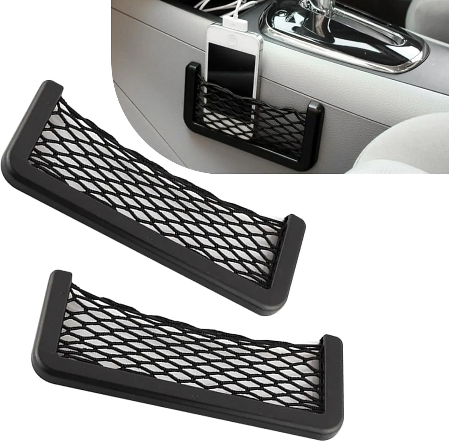 Pack-2 Car 7.8" x 3.1" Multi-function Storage Bag, Elastic Mesh   ABS Frame Super Load-bearing Pocket, Mobile Phones Cigarettes Sunglasses Organizer, Universal for Most Cars (Black)