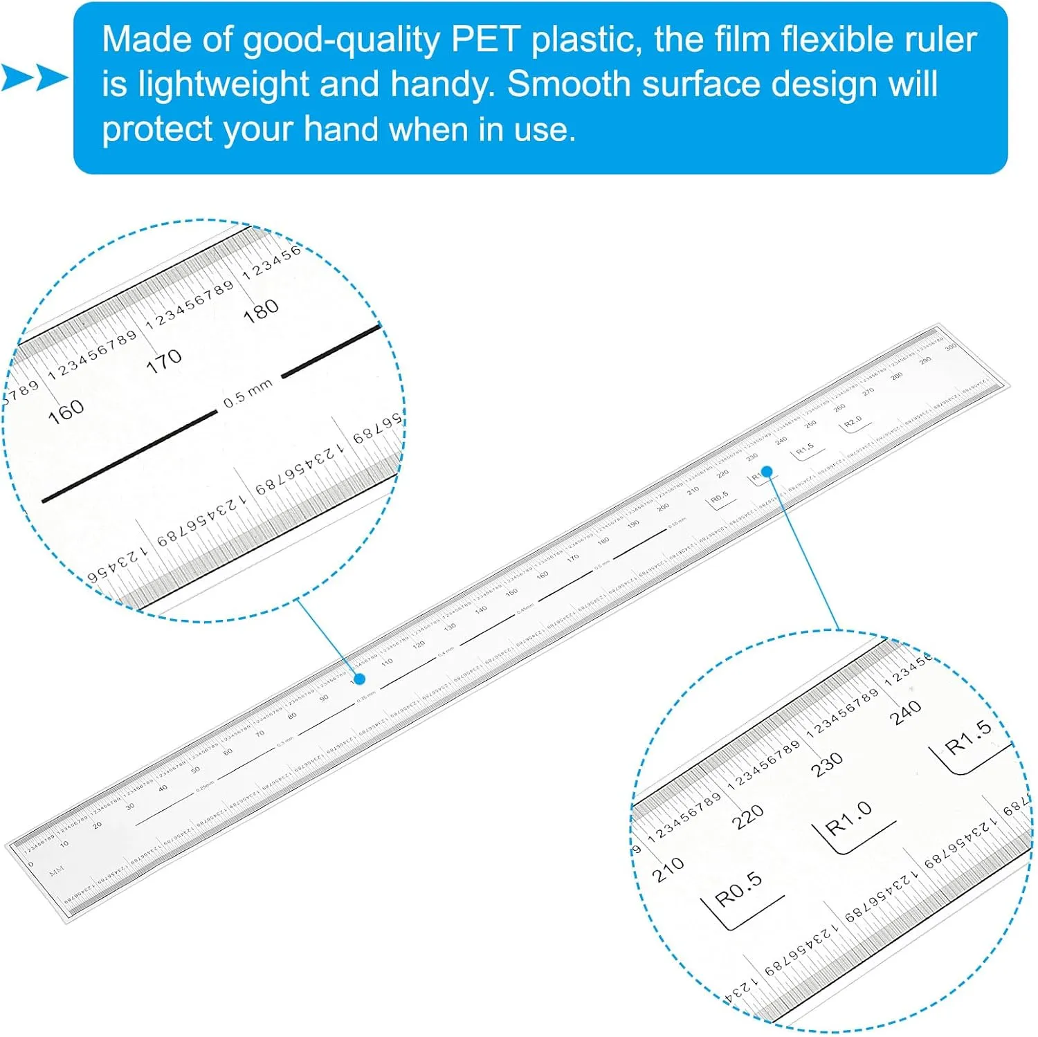PATIKIL Film Flexible Ruler 100cm 0.1mm Scale with R Angle and Width Lines Clear PET Plastic Soft Folding Straight Ruler for Factory, Transparent, 2 Pcs