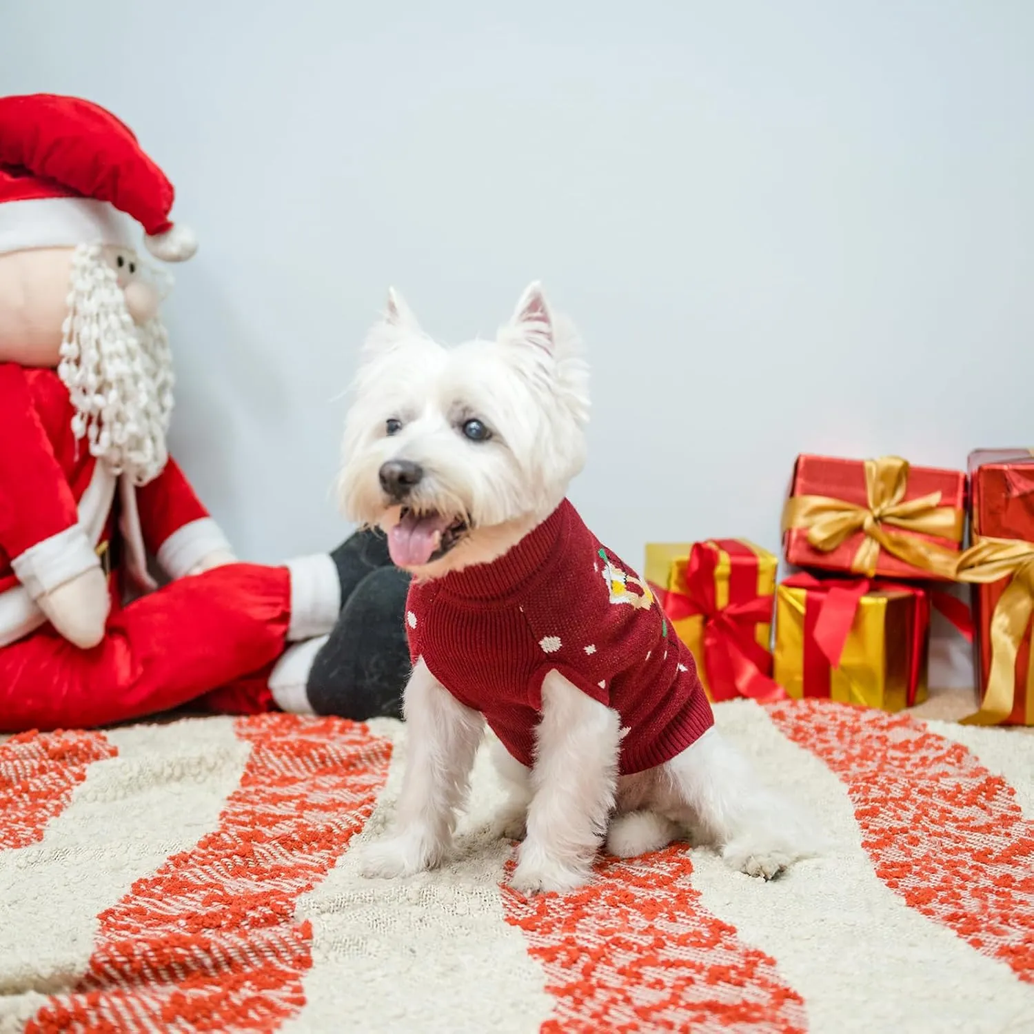 PAWCHIE Christmas Dog Sweater Turtleneck Outfit with Leash Hole, Knitted Pet Winter Warm Clothes for Small Dogs Boy Girl