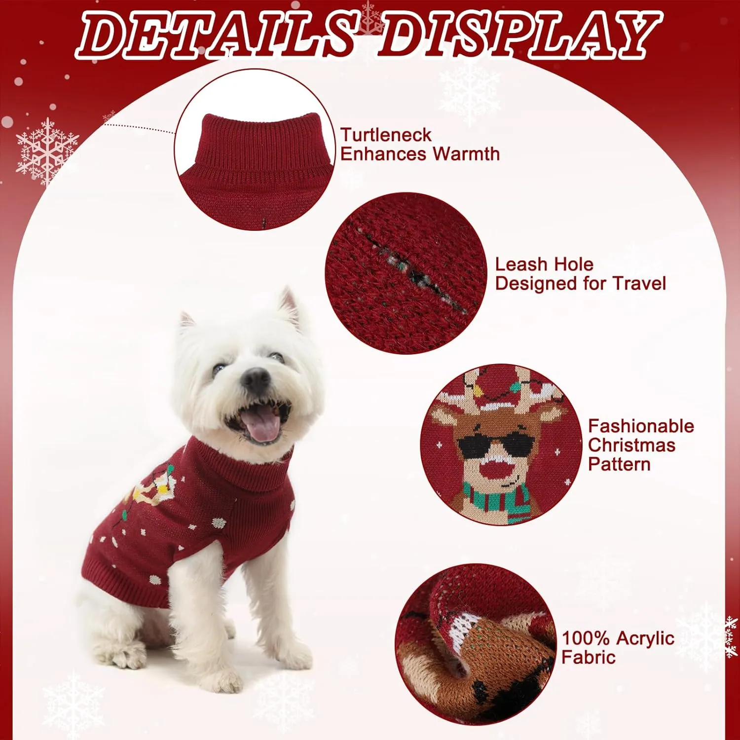 PAWCHIE Christmas Dog Sweater Turtleneck Outfit with Leash Hole, Knitted Pet Winter Warm Clothes for Small Dogs Boy Girl