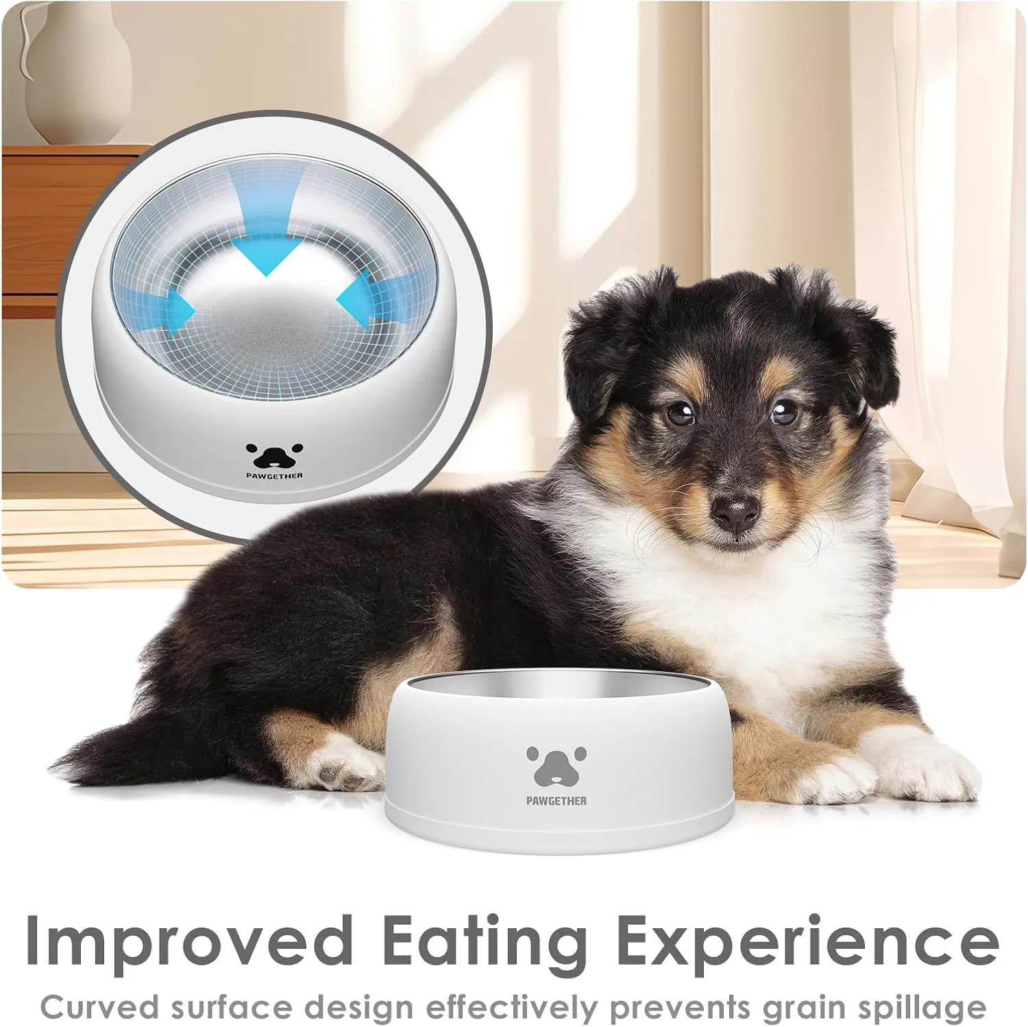 PAWGETHER Stainless Steel Dog Bowls, Dog Food and Water Bowl Non-Slip Easy to Clean Dishwasher Safe for Puppy Small Medium Dogs Cats White 34oz