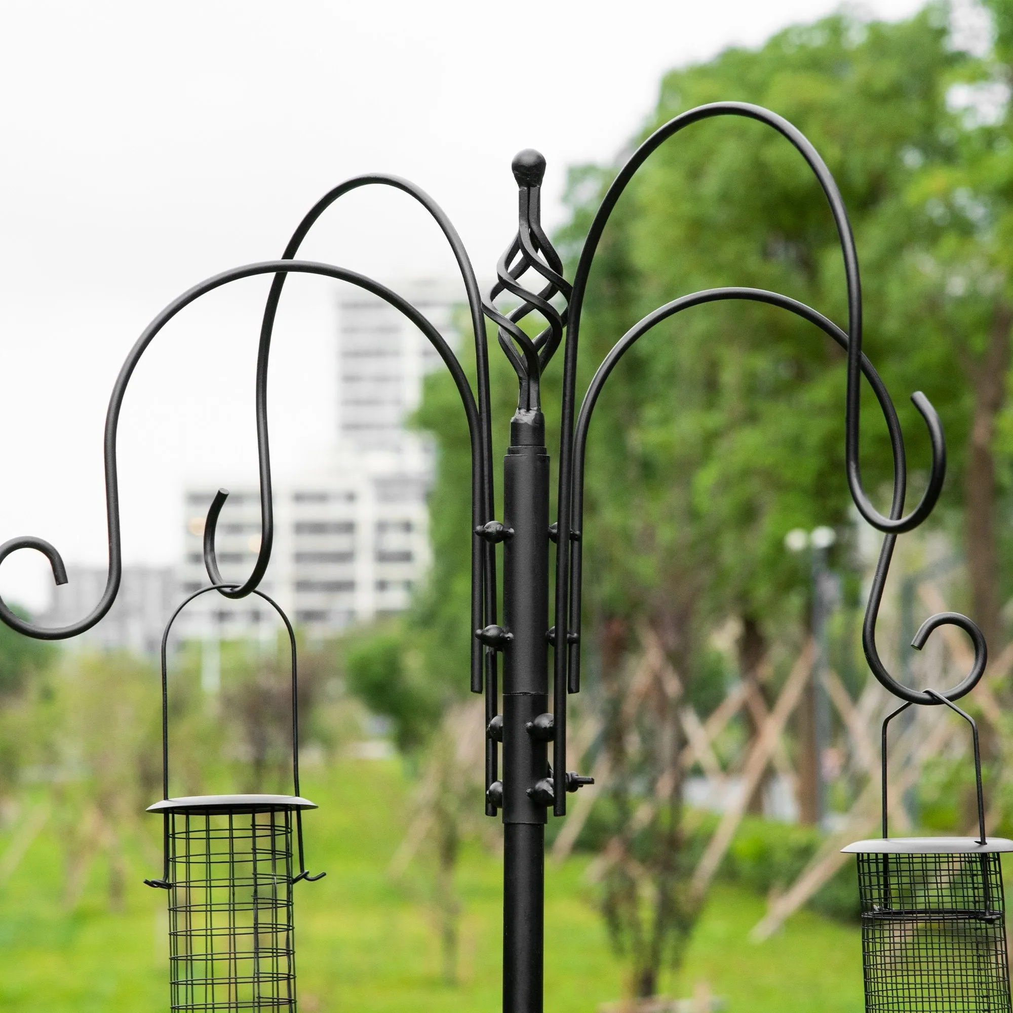PawHut Bird Feeding Station Kit Wild Bird Feeder Pole w/ 6 Hooks 4 Hanging Feeders