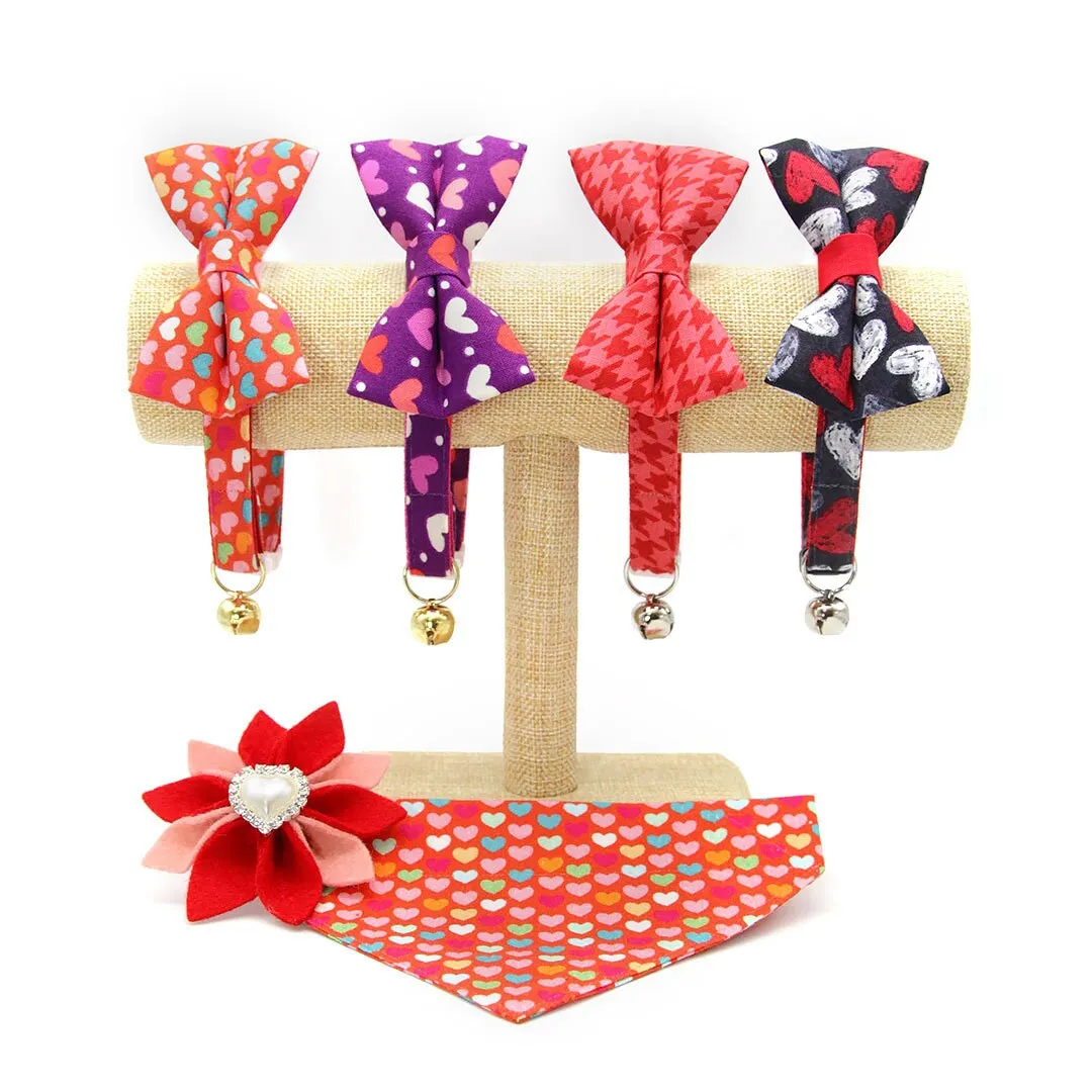 Pet Bow Tie - "Modern Love" - Candy Hearts on Red Cat Bow Tie / Valentine's Day / For Cats   Small Dogs (One Size)