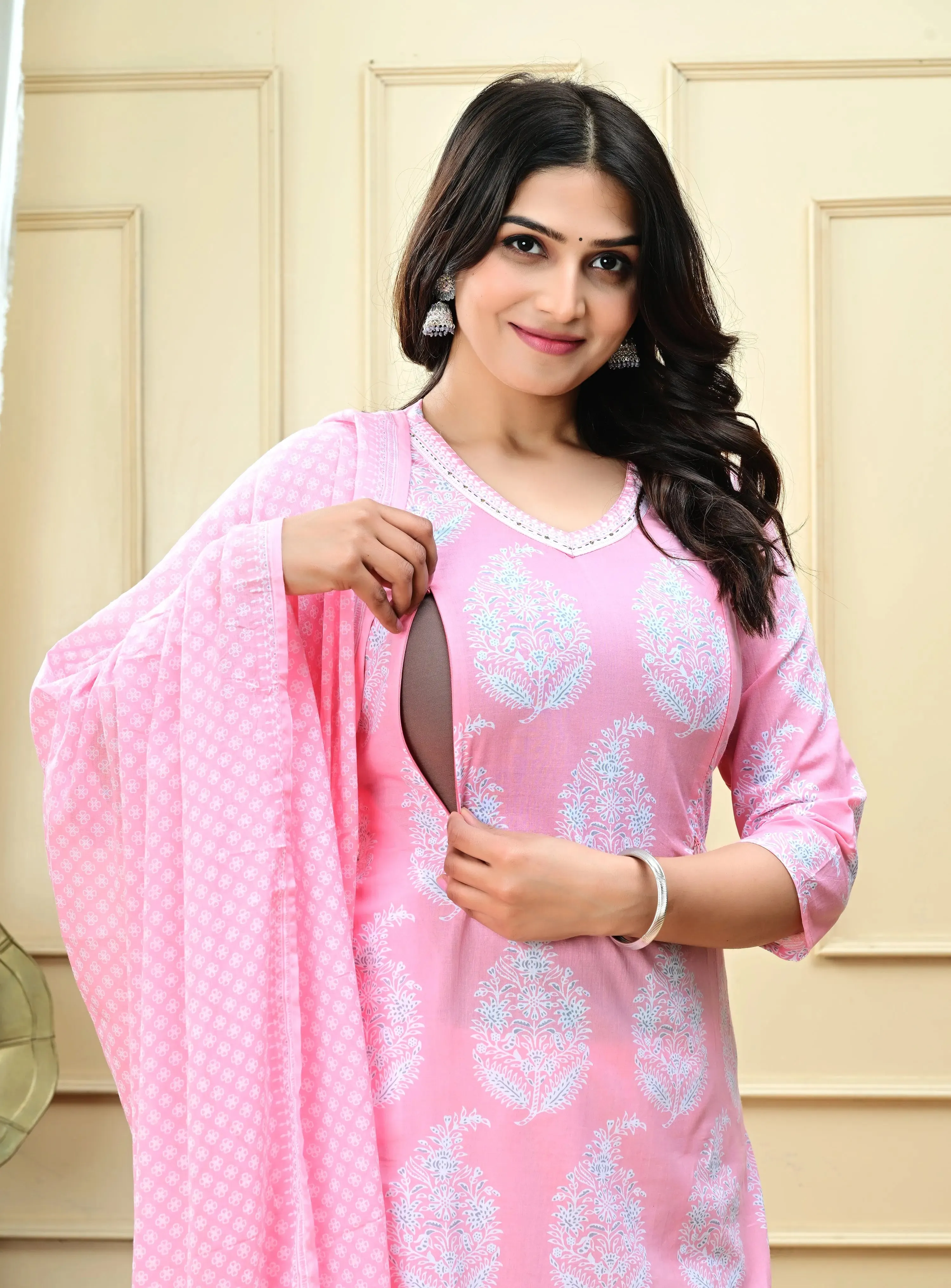 PLUS SIZED PURE COTTON BABY PINK COLORED KURTA PANT AND DUPATTA FOR FEEDING AND MATERNITY PURPOSE