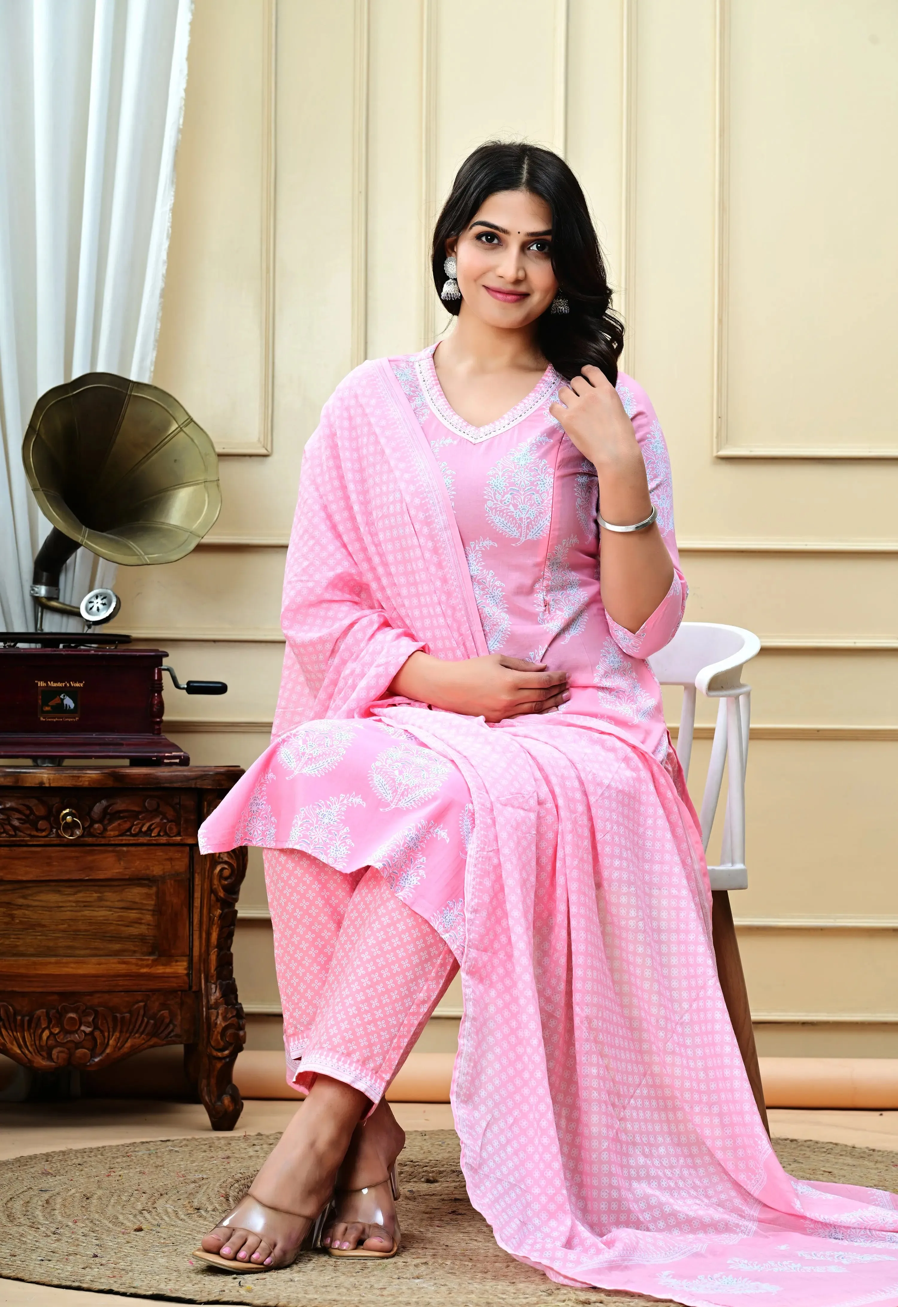 PLUS SIZED PURE COTTON BABY PINK COLORED KURTA PANT AND DUPATTA FOR FEEDING AND MATERNITY PURPOSE