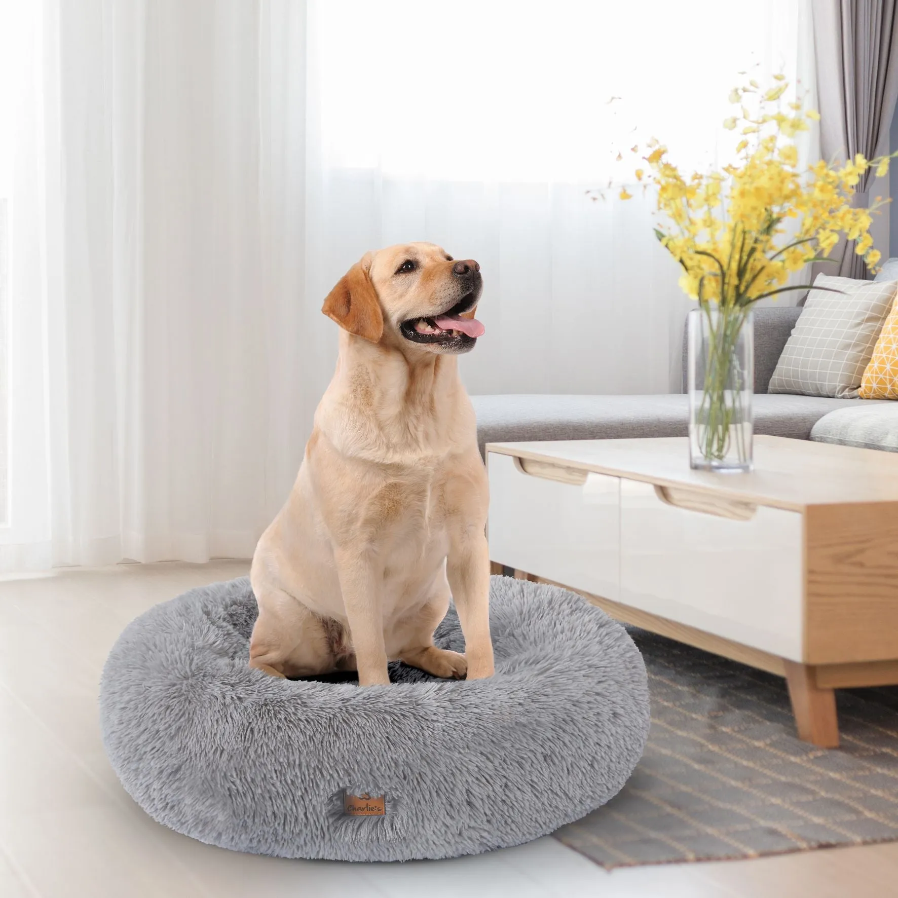 Shaggy Faux Fur Donut Calming Pet Nest Bed - Grey